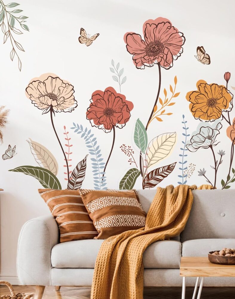 wondever Boho Flower Wall Decals Wildflower Floral Grass Wall Stickers