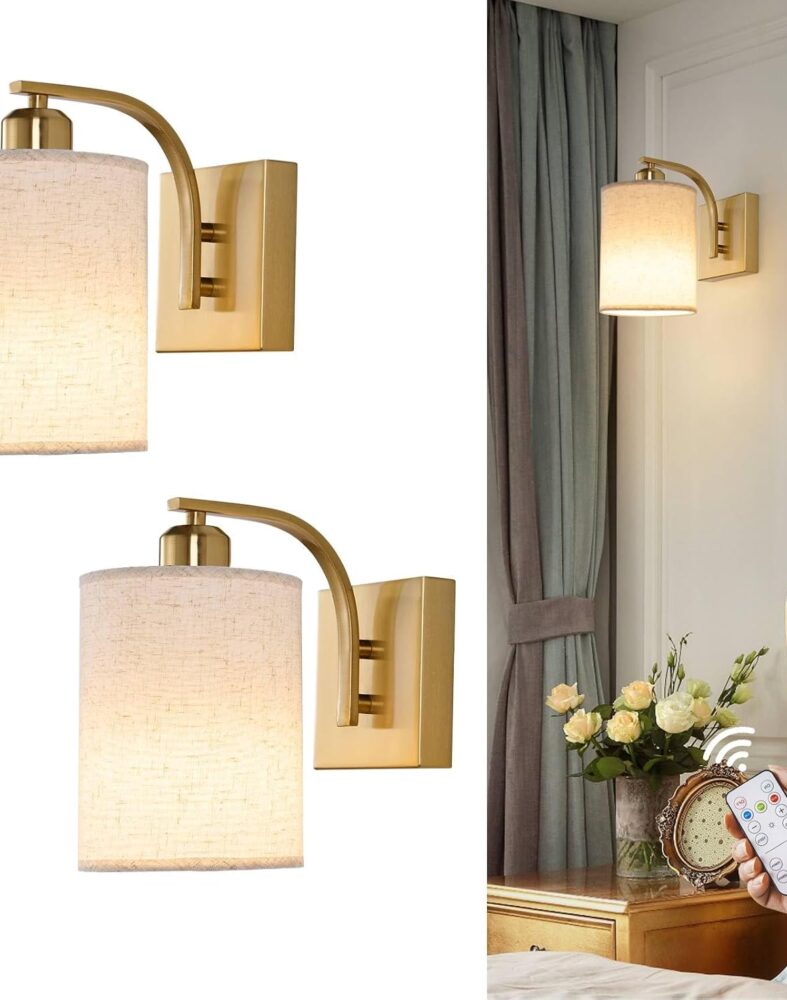 Powfloven Gold Rechargeable Wall Sconces Set of 2 with Remote, Wireless Battery Operated Dimmable LED Wall Lights, Cordless Wall Lighting Lamp Fixture for Bedroom Living Room